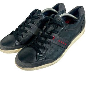 Ecco Mens Black Leather Golf Sneakers Size 44 With Red Accents